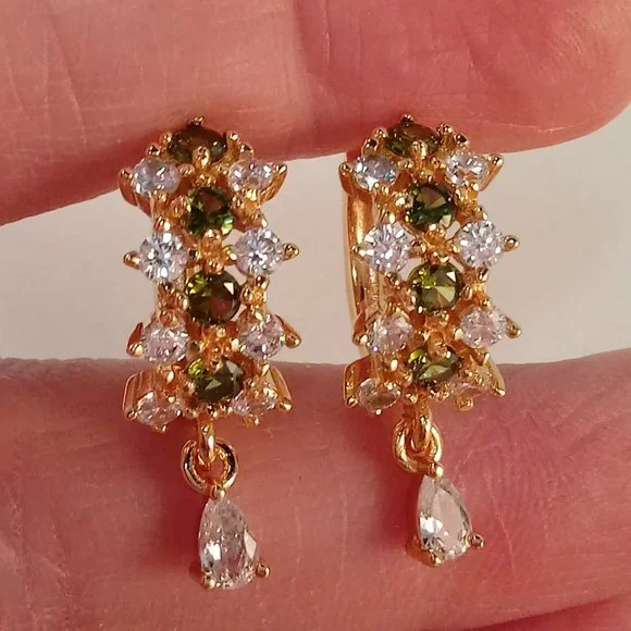 18K Yellow Gold Filled Olive Green Diamond Zircon Hoop Dangle Earrings - Picture 1 of 7
